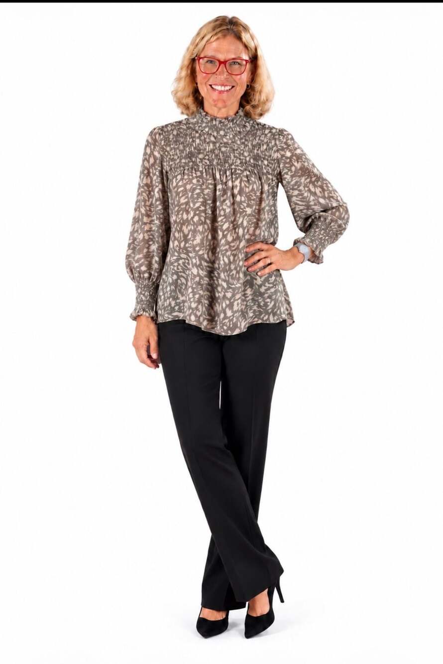 Ann Taylor Smocked Mock Neck Blouse in Taupe Multi Animal Print Small